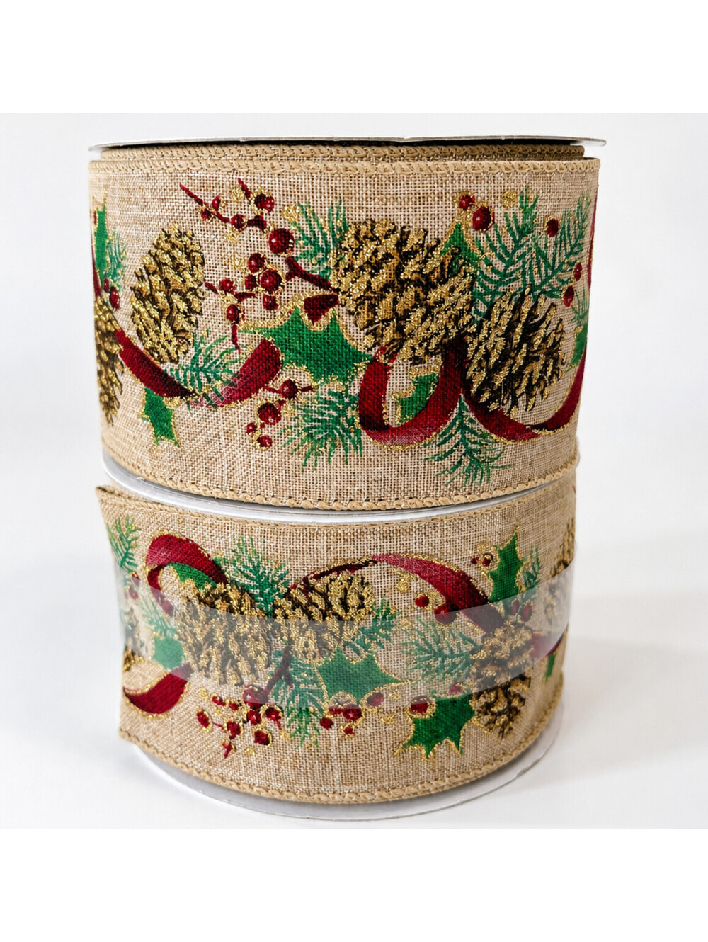 Lot of 2 x 25 ft Celebrate It Christmas Wired Ribbon 2.5" Pinecone Holly Burlap